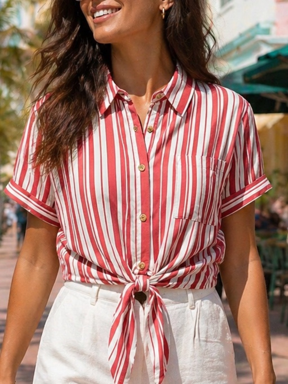 Hippie Rose Red and White Striped Tie-Front Button Down Shirt